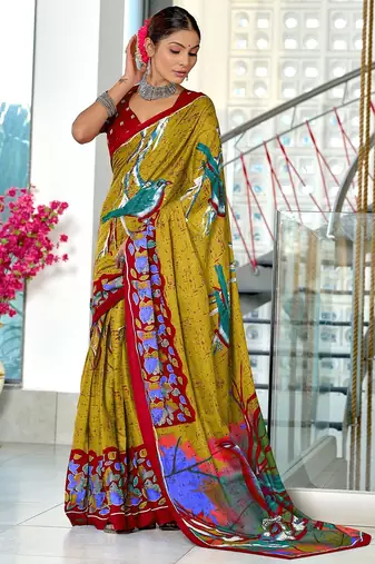 Lime yellow floral print soft pure cotton saree with blouse.