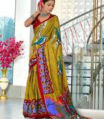 Lime yellow floral print soft pure cotton saree with blouse.