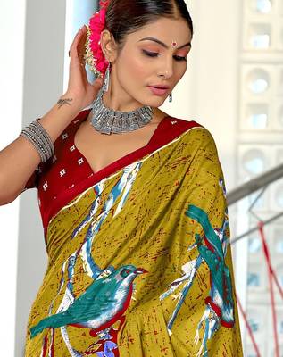 Lime yellow floral print soft pure cotton saree with blouse. 2