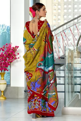 Lime yellow floral print soft pure cotton saree with blouse.