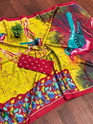 Lime yellow floral print soft pure cotton saree with blouse. 5