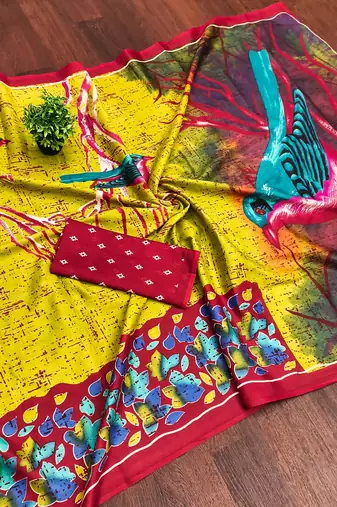 Lime yellow floral print soft pure cotton saree with blouse.