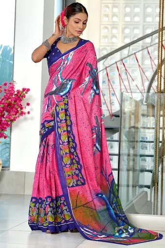 Pink floral print soft pure cotton saree with blouse.