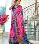 Pink floral print soft pure cotton saree with blouse.