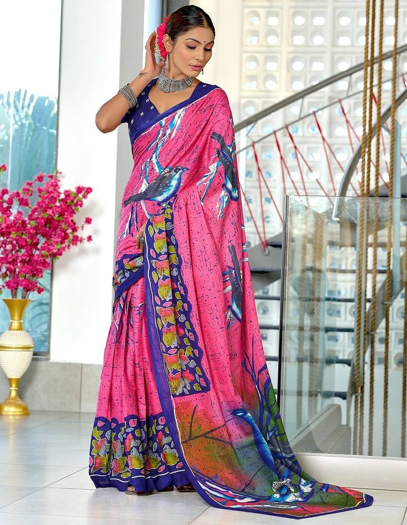 Pink floral print soft pure cotton saree with blouse.