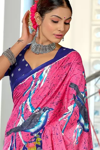 Pink floral print soft pure cotton saree with blouse.