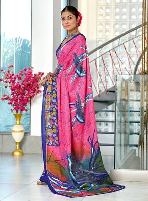 Pink floral print soft pure cotton saree with blouse. 3