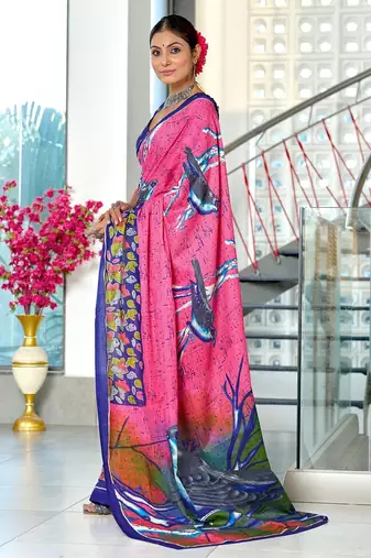 Pink floral print soft pure cotton saree with blouse.