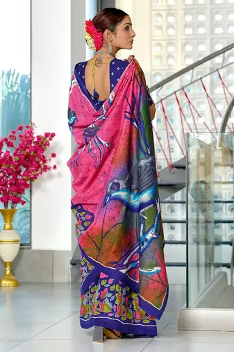 Pink floral print soft pure cotton saree with blouse.