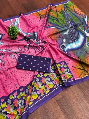 Pink floral print soft pure cotton saree with blouse. 5