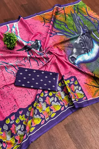 Pink floral print soft pure cotton saree with blouse.