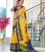 Yellow floral print soft pure cotton saree with blouse.