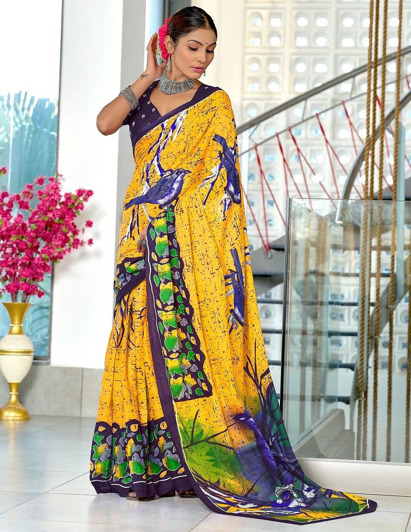 Yellow floral print soft pure cotton saree with blouse.