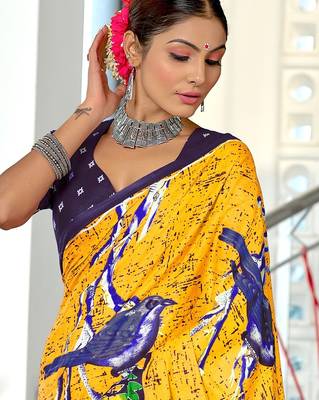 Yellow floral print soft pure cotton saree with blouse. 2