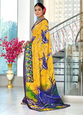 Yellow floral print soft pure cotton saree with blouse. 3