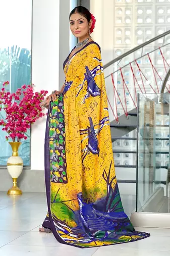 Yellow floral print soft pure cotton saree with blouse.