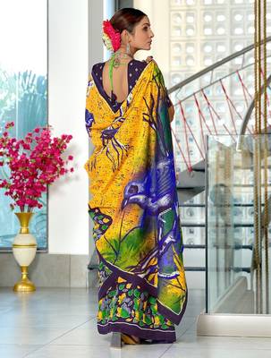 Yellow floral print soft pure cotton saree with blouse. 4