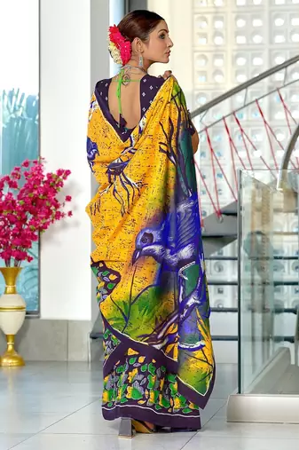 Yellow floral print soft pure cotton saree with blouse.
