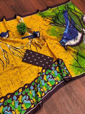 Yellow floral print soft pure cotton saree with blouse. 5