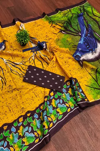 Yellow floral print soft pure cotton saree with blouse.
