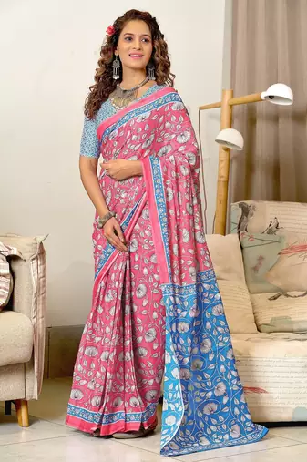 Baby pink floral print soft pure cotton saree with blouse.