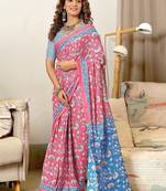 Baby pink floral print soft pure cotton saree with blouse.