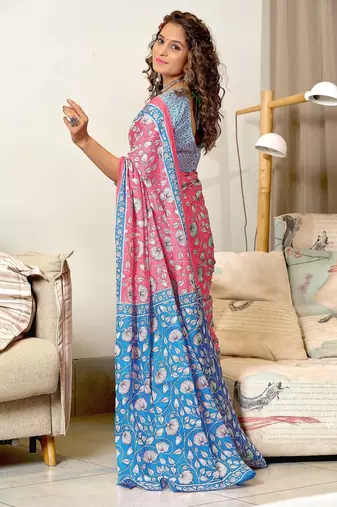 Baby pink floral print soft pure cotton saree with blouse.