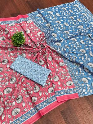 Baby pink floral print soft pure cotton saree with blouse. 5