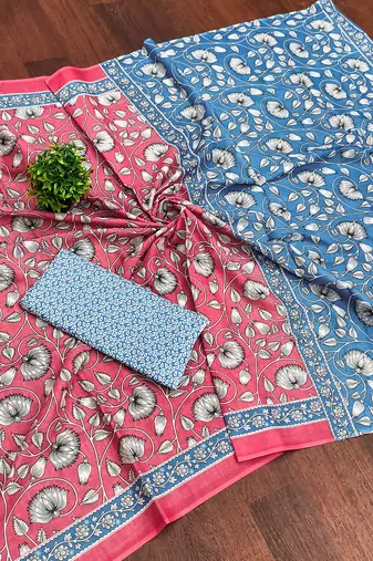 Baby pink floral print soft pure cotton saree with blouse.