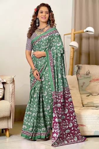 Green floral print soft pure cotton saree with blouse.