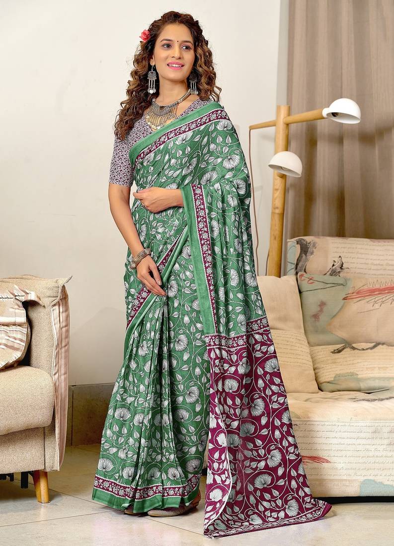 Green floral print soft pure cotton saree with blouse.
