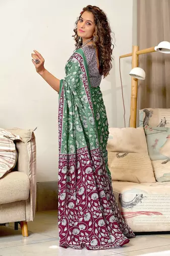 Green floral print soft pure cotton saree with blouse.