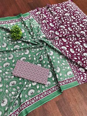 Green floral print soft pure cotton saree with blouse. 5