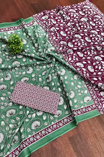 Green floral print soft pure cotton saree with blouse.