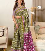 Mehendi floral print soft pure cotton saree with blouse.
