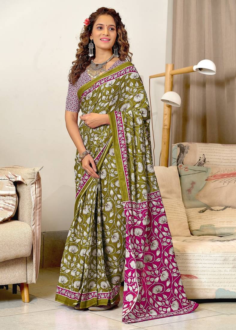Mehendi floral print soft pure cotton saree with blouse.