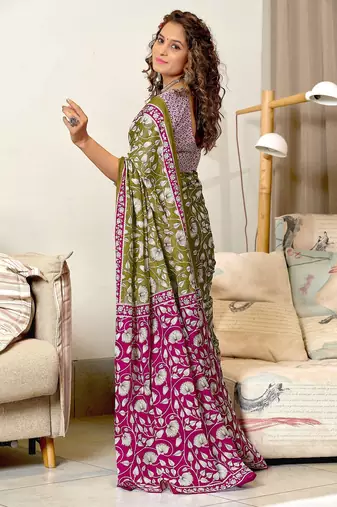 Mehendi floral print soft pure cotton saree with blouse.