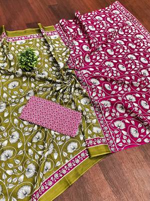 Mehendi floral print soft pure cotton saree with blouse. 5