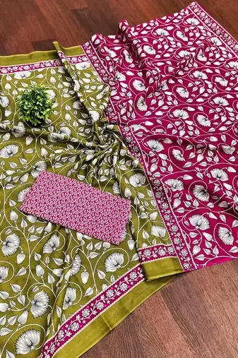 Mehendi floral print soft pure cotton saree with blouse.
