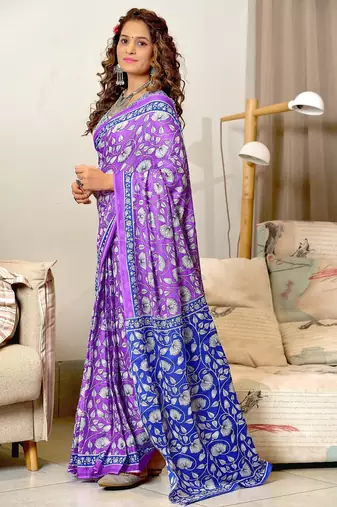 Purple floral print soft pure cotton saree with blouse.