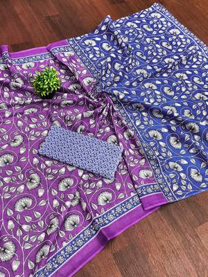 Purple floral print soft pure cotton saree with blouse. 5