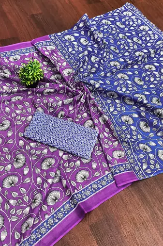 Purple floral print soft pure cotton saree with blouse.