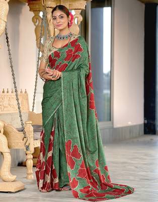 Green floral, batik print soft pure cotton saree with blouse. 1