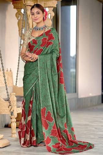 Green floral, batik print soft pure cotton saree with blouse.