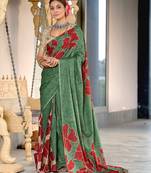 Green floral, batik print soft pure cotton saree with blouse.