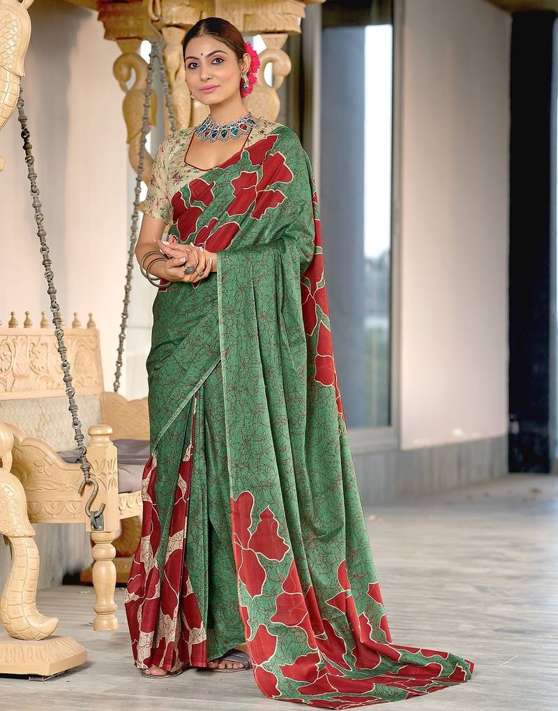 Green floral, batik print soft pure cotton saree with blouse.