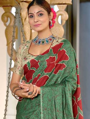 Green floral, batik print soft pure cotton saree with blouse. 2
