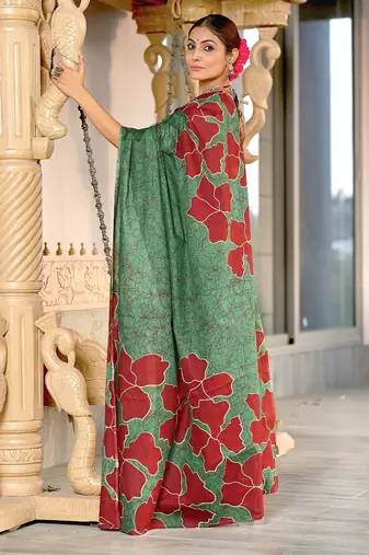 Green floral, batik print soft pure cotton saree with blouse.