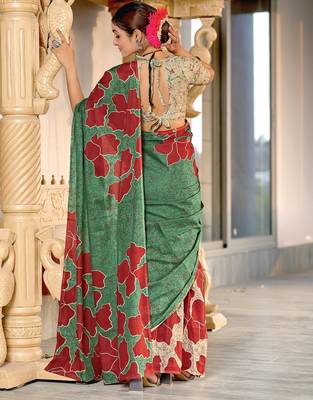 Green floral, batik print soft pure cotton saree with blouse. 4