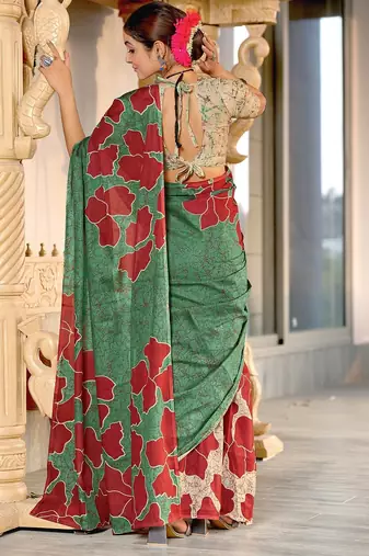 Green floral, batik print soft pure cotton saree with blouse.